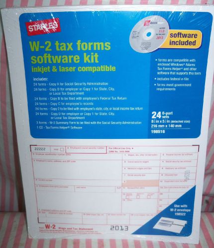 24 Staples 6-Part W-2 Tax Forms Software CD New &amp; Sealed Pack Of 24 Inkjet/Laser