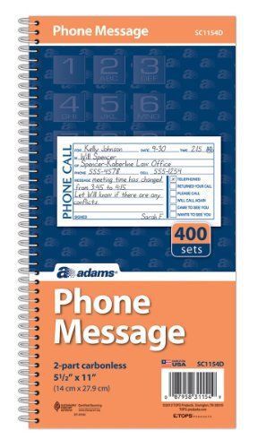 Adams Spiral Bound Phone Message Books - 400 Sheet[s] - Spiral Bound - (sc1154d)