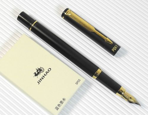 POKY F 88 Fountain Pen BLACK barrel free 5 Jinhao cartridges BLUE ink