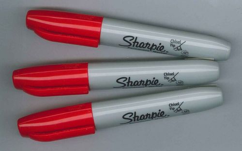 Lot of 3 Red Sharpie Chisel Felt Tip Markers - Permanent Ink
