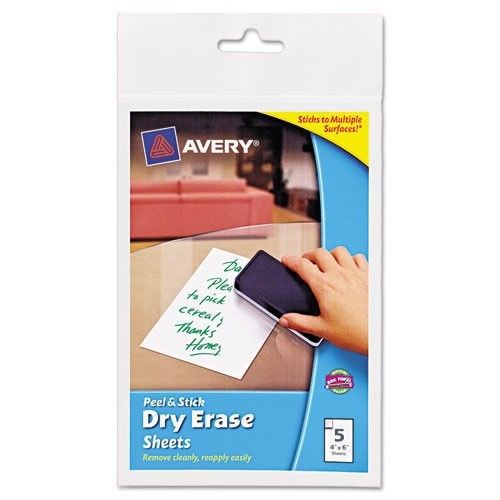 Avery Peel and Stick Dry Erase, 4&#034; x 6&#034;, White, 5-Pack