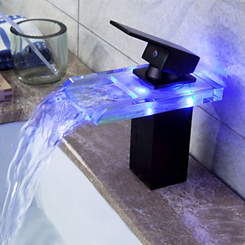 Modern LED Waterfall Color Changing Light Sink Faucet in ORB Glass Free Shipping