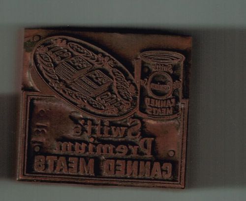 Swift Premium Canned Meats, Vintage Printers Block Stamp, copper on wood block
