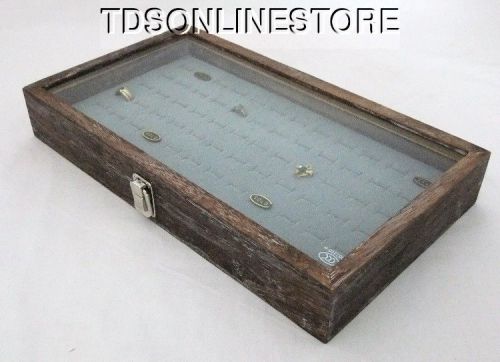 Rustic Antique Coffee Color 72 Ring Glass Top Display Case Gray Insert