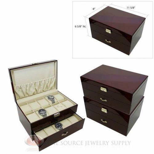 (3) 20 Watch Solid Top Rosewood Cases with Beige Faux Leather Lining Displays