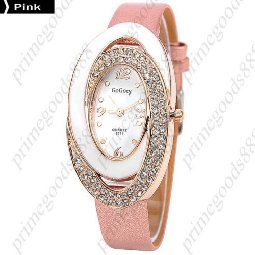 Oval analog rhinestones pu leather quartz ladies wrist wristwatch women&#039;s pink for sale