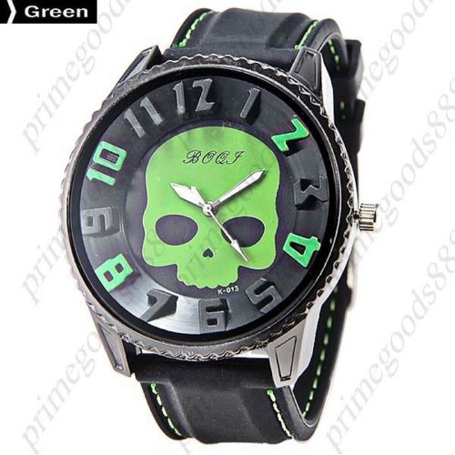 Wide half skull quartz black silica gel analog wrist men&#039;s wristwatch green for sale
