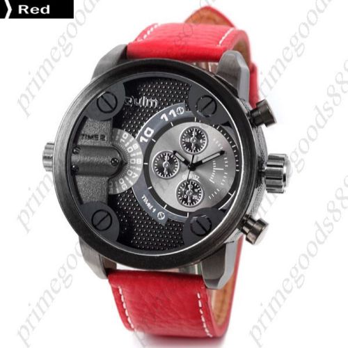 2 Time Zone Big Dial Quartz Analog Leather Men&#039;s Wristwatch Free Shipping Red