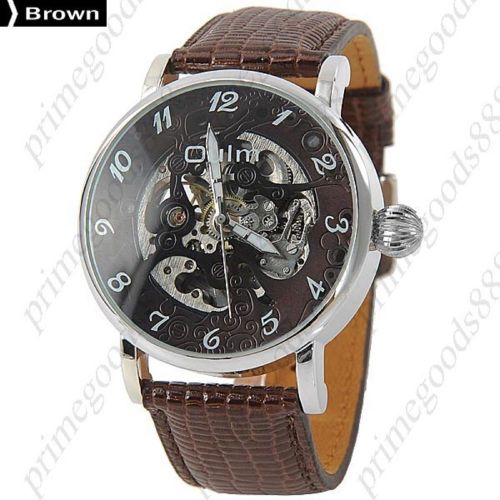 Self winding auto mechanical see through wrist analog men&#039;s wristwatch brown for sale