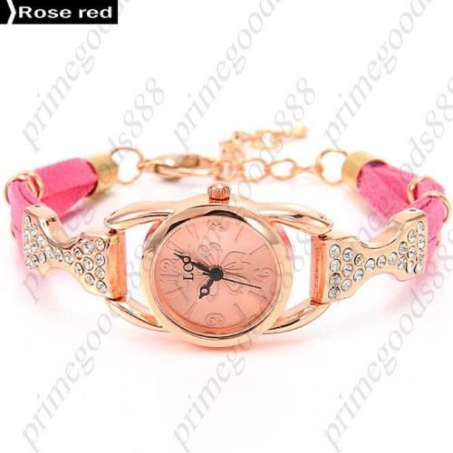 Butterfly rhinestones pu leather quartz wristwatch lady ladies women&#039;s rose red for sale