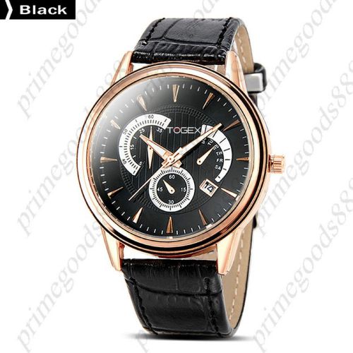 PU Leather False Sub Dials Date Gold Analog Quartz Men&#039;s Wrist Wristwatch Black