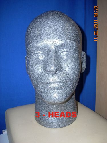 GRAPHITE MALE  (12&#034; TALL) STYROFOAM MANNEQUIN WIG / HAT DISPLAY  (3-heads)