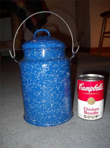 Enamel blue speckle milk pail swing handle small replica for big dollhouse for sale