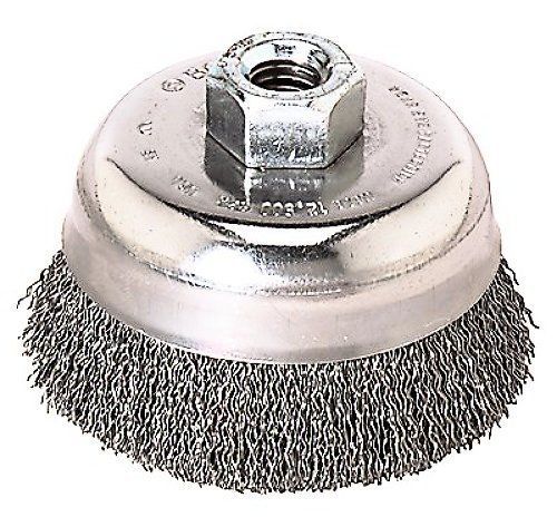 Bosch WB504 3-in Cup Brush, Knotted, Stainless Steel, 5/8-in x 11 Thread Arbor