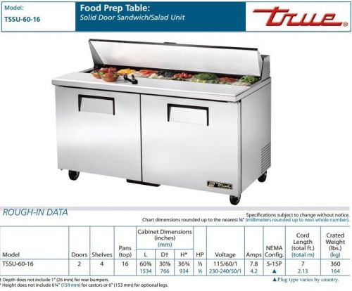 NEW TRUE COMMERCIAL Solid Door Sandwich/Salad Prep Table TSSU-60-16