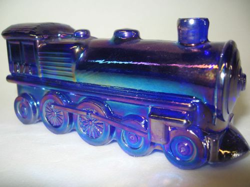 cobalt blue carnival glass train engine railroad car iridescent candy container