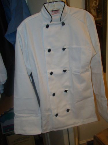 Size   LARGE   White Chef Coat with Black trim and Black Knot  Buttons  NEW
