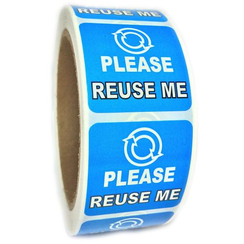 Glossy Blue &#034;Please Reuse Me&#034; Sticker Label - 1.5&#034; by 1.5&#034; - 500 ct