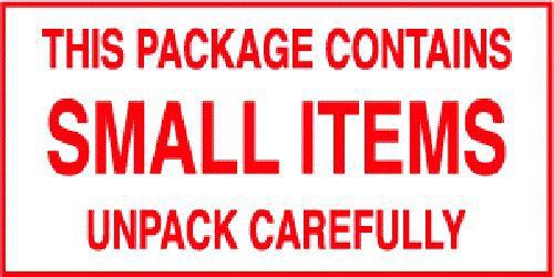 2X4 &#034;THIS PACKAGE CONTAINS SMALL ITEMS&#034; RED ON WHITE LABELS/STICKERS 500/RL
