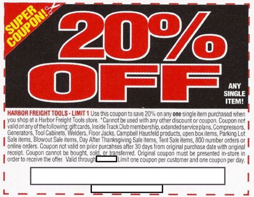 20% Off any 1 Item Coupon for Harbor Freight Huge Value, save big $$$