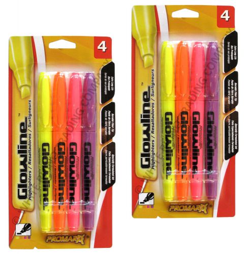 2 Packs of 4, ProMarx Glowline Chisel-Tip Highlighters Yellow Orange Pink Purple