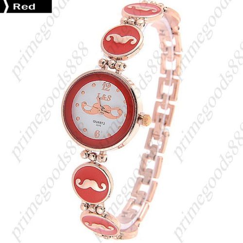 Round Mustache Beard Hair Lady Ladies Analog Quartz Wristwatch Women&#039;s Red