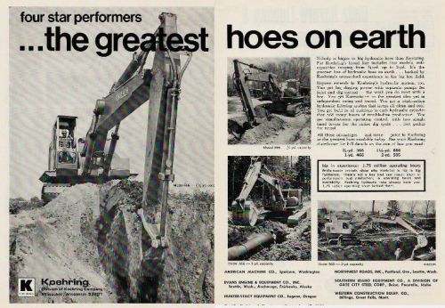 1968 Koehring Hoes ad, 4 models shown, &#034;Greatest Hoes on Earth&#034;, dbl-pg