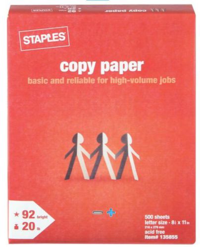 New Staples Copy Paper, 8 1/2&#034; x 11&#034;, Ream 20lb 92US