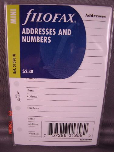5 PACKS OF FILOFAX MINI NAME, ADDRESS AND NUMBERS REFILL,  NEW IN WRAP