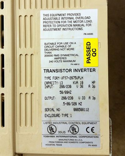 Toshiba Transistor Inverter 10 HP VFS7-2075UPLH