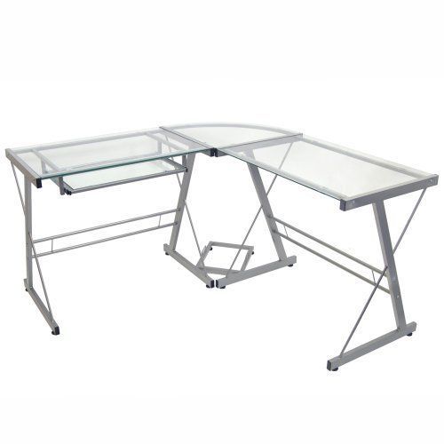Walker Edison 3-Piece Contemporary  tempered safety Glass and Steel Desk, Silver