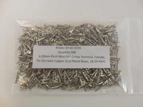 39-00-0039, molex, mini-fit, bag of 500, female, 18-24 awg, tin(39-00-0038 reel) for sale