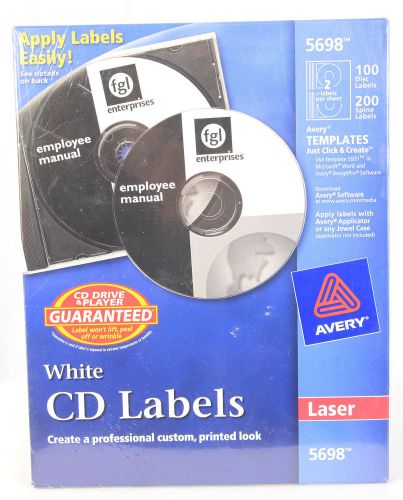 Avery 5698 White CD Labels for Laser Printer. 100 disc labels, 200 spine labels.