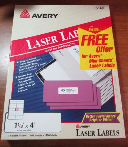 AVERY 5162 WHITE LASER LABELS 1 1/3&#034; X 4&#034; - 75 SHEETS 1050 LABELS PARTIAL BOX