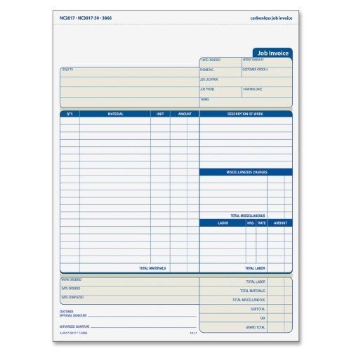 Tops TOPS Job Invoice with Materials List, 3-Part, Carbonless, 8.5 x 11 Inches,
