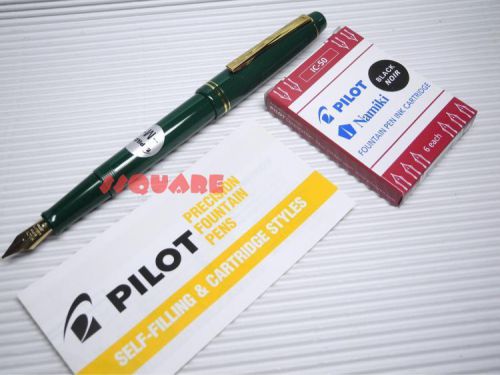 Pilot 78G 22K Gold Fountain Pens, Green Pen Medium Nib + 6 Black Ink cartridges