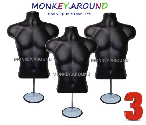 3 Male Mannequin Black Torso Forms +3 Hook +3 Stand - Display&#039;s Men Shirt Pants