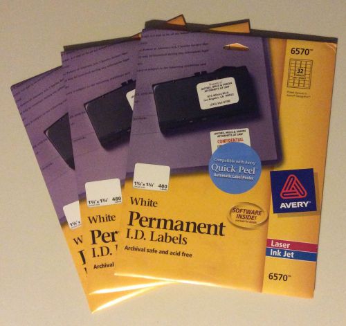 Lot of 3 Packs of Avery 6570 Permanent ID Labels, 1-1/4&#034;x1-3/4&#034;, 480/PK, White