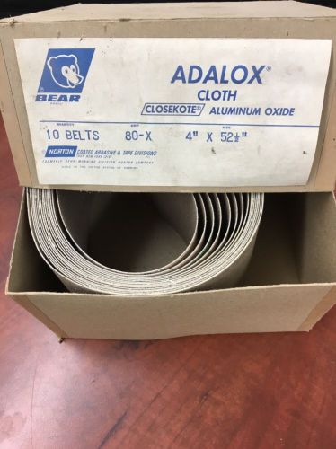 Lot of 8 4&#034; x 52-1/2&#034; 80 grit aluminum oxide belt sanding. adalox cloth, bear for sale