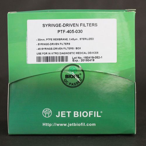 Syringe filters, ptfe, 0.45 micron, 30 mm, sterile, box of 45 for sale