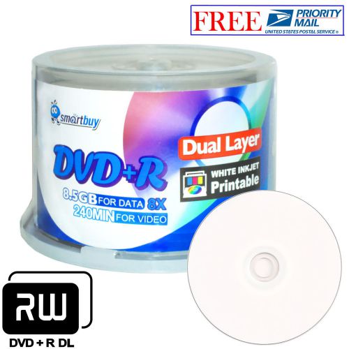 50 Pcs SmartBuy Blank DVD+R DL 8X 8.5GB Dual Layer White Inkjet Printable Disc