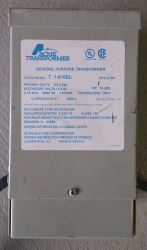 Acme electric transformer ( t 1-81052), 120/240vac, 12/24vac, 750va for sale