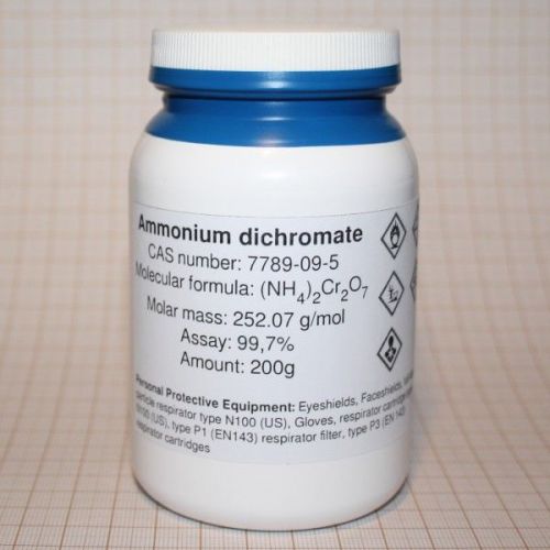 Ammonium dichromate, VESUVIAN FIRE, 99.7% reagent 200g, CAS 7789-09-5