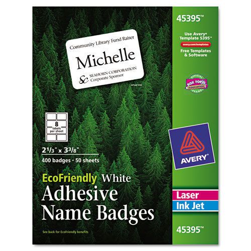 Avery  EcoFriendly Name Badge Labels, 2-1/3 x 3-3/8, White, 400/Box - AVE45395