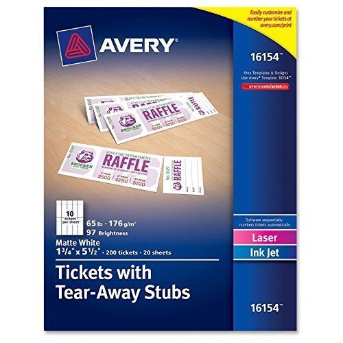 Avery tickets with tear-away stubs, 1.75 inches x 5.5 inches, matte white, pack for sale