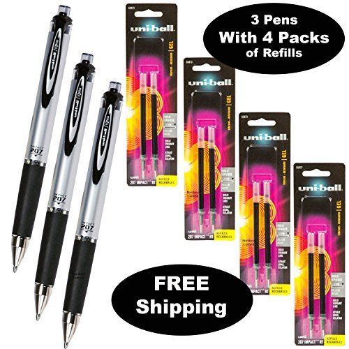 Uni-ball Signo Impact 207 Rt 65870 pack of 3 with 4 Packs of Refills 65873