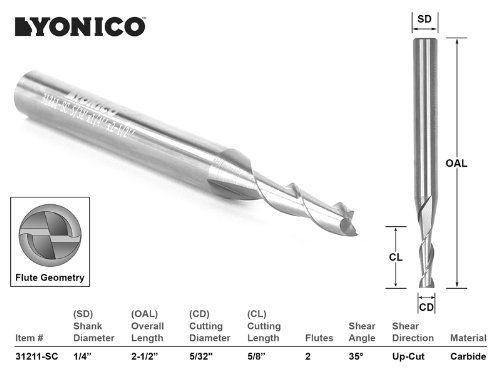Yonico 31211-sc cnc router bit up cut solid carbide with 5/32-inch x 5/8-inch x for sale