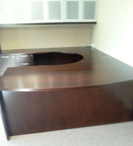 MAHOGANY U-BOWFRONT DESK WITH CREDENZA AND HUTCH