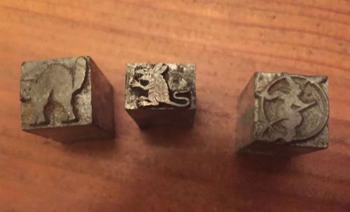 Vintage Letterpress Printing Blocks Halloween Lot Of 3, Witch, Cat, Rat. Rare!!