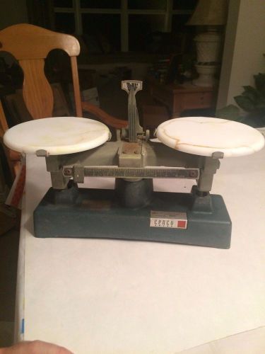 Vintage Cenco Balance Scale Cast Iron with Milk Glass or Porcelain Plates